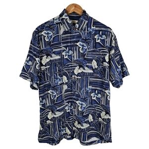 Vintage Tommy Bahama Silk Camp Shirt Medium Mens Blue Button Up Tropical